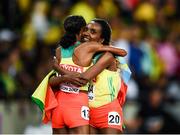 5 August 2017; Almaz Ayana, right, is congratulated by her fellow Ethiopia athlete Tirunesh Dibaba after winning the final of the Women's 10,000m event during day two of the 16th IAAF World Athletics Championships at the London Stadium in London, England. Photo by Stephen McCarthy/Sportsfile