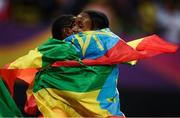 5 August 2017; Almaz Ayana, right, is congratulated by her fellow Ethiopia athlete Dera Dida, left, after winning the final of the Women's 10,000m event during day two of the 16th IAAF World Athletics Championships at the London Stadium in London, England. Photo by Stephen McCarthy/Sportsfile