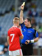 5 August 2017; Referee Martin McNally shows a yellow card to James O'Reilly of Louth during the Electric Ireland All-Ireland GAA Football Minor Championship Quarter-Final match between Kerry and Louth at O’Moore Park in Portlaoise, Laois. Photo by Sam Barnes/Sportsfile