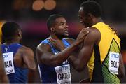 5 August 2017; Justin Gatlin, left, of USA after winning the final of the Men's 100m event with and Usain Bolt of Jamaica during day two of the 16th IAAF World Athletics Championships at the London Stadium in London, England. Photo by Stephen McCarthy/Sportsfile