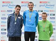 15 April 2012; Winner of the AAI Men's National 10km Championships Mark Kenneally, Clonliffe Harriers A.C., centre, with second place Thomas Fitzpatrick, Tallaght A.C., left, and third place Barry Minnock, Rathfarnham WSAF A.C., at the SPAR Great Ireland Run 2012. Phoenix Park, Dublin. Picture credit: Stephen McCarthy / SPORTSFILE