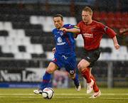 16 April 2012; Raffaele Cretaro, Sligo Rovers, in action against Chris Morrow, Crusaders. Setanta Sports Cup Semi-Final, First Leg, Crusaders v Sligo Rovers, Seaview, Belfast, Co. Antrim. Picture credit: Oliver McVeigh / SPORTSFILE