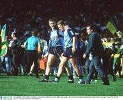 20 September 1992; Dublin's Keith Barr is consoled by team-mate Ciaran Walsh after defeat in the All Ireland Football Championship Final, Dublin v Donegal, Croke Park, Dublin. Picture credit; Ray McManus / SPORTSFILE