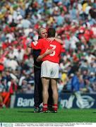 5 August 2002; Cork manager Larry Tompkins congratulates Ciaran O'Sullivan after the game. Mayo v Cork, All Ireland Football Quarter - Final, Croke Park, Dublin. Picture credit; David Maher / SPORTSFILE