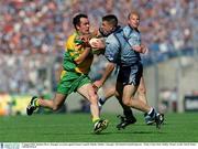 5 August 2002; Damien Diver, Donegal, on action against Senan Connell, Dublin. Dublin v Donegal, All Ireland Football Quarter - Final, Croke Park, Dublin. Picture credit; David Maher / SPORTSFILE