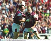 4 August 2002; Galway's Michael Donnellan celebrates scoring a goal for his side with team-mate Padraig Joyce (left). Kerry v Galway, All Ireland Football Quarter - Final, Croke Park, Dublin. Picture credit; Brian Lawless / SPORTSFILE
