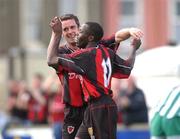 11 August 2002; Fergal Harkin, Bohemians, celebrates with team-mate Mark Rutherford after Bray Wanderers Jody Lynch had scored an own-goal. Bray Wanderers v Bohemians, eircom League Premier Division, Carlisle Grounds, Bray, Co.Wicklow, Soccer. Picture credit; David Maher / SPORTSFILE *EDI*