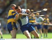 11 August 2002; Paul Flynn, Waterford, in action against Clare's David Hoey. Clare v Waterford, All Ireland Hurling Semi - Final, Croke Park, Dublin. Picture credit; Brian Lawless / SPORTSFILE
