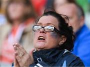 5 August 2017; A Dublin supporter, in the Cusack Stand, watches the second half of the GAA Football All-Ireland Senior Championship Quarter-Final match between Dublin and Monaghan at Croke Park in Dublin. Photo by Ray McManus/Sportsfile
