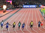 5 August 2017; (L-R) Reece Prescod of Great Britain, Justin Gatlin of the United States, (Winner) Yohan Blake of Jamaica, Akani Simbine of South Africa, Christian Coleman of the United States, Usain Bolt of Jamaica, Jimmy Vicaut of France and Bingtian Su of China after crossing the finish line in the final of the Men's 100m event during day two of the 16th IAAF World Athletics Championships at the London Stadium in London, England. Photo by Stephen McCarthy/Sportsfile