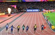 5 August 2017; (L-R) Reece Prescod of Great Britain, Justin Gatlin of the United States, (Winner) Yohan Blake of Jamaica, Akani Simbine of South Africa, Christian Coleman of the United States, Usain Bolt of Jamaica, Jimmy Vicaut of France and Bingtian Su of China after crossing the finish line in the final of the Men's 100m event during day two of the 16th IAAF World Athletics Championships at the London Stadium in London, England. Photo by Stephen McCarthy/Sportsfile