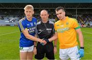 5 August 2017; Killian Spillane of Kerry and Daire Rowe of Meath shake hands infront of referee John Hickey ahead of the GAA Football All-Ireland Junior Championship Final match between Kerry and Meath at O’Moore Park in Portlaoise, Laois. Photo by Sam Barnes/Sportsfile