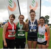 5 August 2017; Winners of the Under 18 Girl's Long Jump event, from left, Emily Thomas of Wales, second placed, Sophie Meredith of Ireland, winner,  Lucy Davison of Scotland,    third palced and Vickie Cusack of the Ireland Development Team, fourth placed, during the Celtic Games Track and Field at Morton Stadium in Santry, Dublin. Photo by Tomás Greally/Sportsfile
