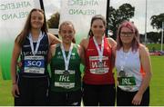 5 August 2017; Winners of the Under 18 Girl's Hammer event, from left, Kirsty Costello of Scotland, second placed, Jade Williams of Ireland, winner, Ffion Palmer of Wales, third palced and Tirna Cahill of the Ireland Development Team, fourth placed, during the Celtic Games Track and Field at Morton Stadium in Santry, Dublin. Photo by Tomás Greally/Sportsfile