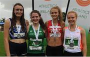 5 August 2017; Winners of the Under 18 Girl's 100m Hurdles event, from left, Bethany McAndrew of Scotland, second placed, Anna Mcauley of Ireland, winner, Lauren Evans of Wales, third palced and Lydia Doyle of the Ireland Development Team, fourth placed, during the Celtic Games Track and Field at Morton Stadium in Santry, Dublin. Photo by Tomás Greally/Sportsfile