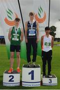 5 August 2017; Winners of the Under 16 Boy's Long Jump event, from left, Daniel Hurley of Ireland, second placed, Scott Brindley of Scotland, winner, and Wymin Sivakumar,  of the Ireland Development Team, third palced, during the Celtic Games Track and Field at Morton Stadium in Santry, Dublin. Photo by Tomás Greally/Sportsfile