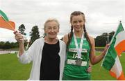 5 August 2017; Lauren Roy, Ireland, winner of the Under 18 Girl's 100m event, celebrates with her Grandmother, during the Celtic Games Track and Field at Morton Stadium in Santry, Dublin. Photo by Tomás Greally/Sportsfile