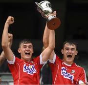 6 July 2017; The Cork captain Brian Roche, left, and his twin brother Eoin lift the cup after the All-Ireland U17 Hurling Championship Final match between Dublin and Cork at Croke Park in Dublin. Photo by Ray McManus/Sportsfile