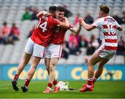 6 July 2017; Cork players, left to right, Joe Stack, Tommy O'Connell, and Luke Donovan, celebrate after the All-Ireland U17 Hurling Championship Final match between Dublin and Cork at Croke Park in Dublin. Photo by Daire Brennan/Sportsfile