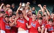 6 July 2017; The Cork captain Brian Roche, 12, along with his twin brother Eoin and his team mates celebrate on the podium with the cup after the All-Ireland U17 Hurling Championship Final match between Dublin and Cork at Croke Park in Dublin. Photo by Ray McManus/Sportsfile