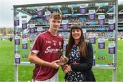 6 August 2017; Pictured is Nicola O’Leary, Senior Sponsorship Specialist at Electric Ireland, proud sponsor of the Electric Ireland GAA All-Ireland Minor Championships, presenting Darren Morrissey of Galway with the Player of the Match award for his outstanding performance in the Electric Ireland GAA Hurling All-Ireland Minor Championship Semi-Final. Throughout the Championships fans can follow the conversation, suppof something major through the hashtag #GAAThisIsMajor.  Photo by Ramsey Cardy/Sportsfile