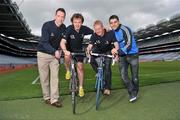 19 April 2012; A host of top GAA stars joined forces in Croke Park today to officially launch the Race The Rás charity cycle. This is the second year of the race with almost 150 amateur cyclists and a host of current and former GAA stars lining up to bike across Ireland from May 20th to May 27th. All the money raised will go to the National Breast Cancer Research Institute and Aware. At the launch are, from left, Dublin footballer Barry Cahill, Race The Rás organiser Eamonn Ó Muircheartaigh, Race The Rás organiser and former Dublin footballer Declan Darcy, and Dublin footballer Bernard Brogan. Race the Rás Charity Cycle Launch, Croke Park, Dublin. Picture credit: Brian Lawless / SPORTSFILE