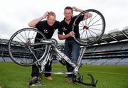19 April 2012; A host of top GAA stars joined forces in Croke Park today to officially launch the Race The Rás charity cycle. This is the second year of the race with almost 150 amateur cyclists and a host of current and former GAA stars lining up to bike across Ireland from May 20th to May 27th. All the money raised will go to the National Breast Cancer Research Institute and Aware. At the launch are Race the Ras organiser and former Dublin footballer Declan Darcy, left, and former Meath footballer Evan Kelly. Race the Rás Charity Cycle Launch, Croke Park, Dublin. Picture credit: Brian Lawless / SPORTSFILE