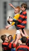 18 April 2012; Adam McFadyen, St. Colmcilles, wins possession in the line-out against Alex McGill, Rathcoole Community College. South Dublin County Council Junior Cup Final, Rathcoole Community College v St. Colmcilles, Tallaght Stadium, Tallaght, Dublin. Picture credit: Ray McManus / SPORTSFILE