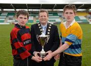 18 April 2012; Cllr. Mick Duff, Deputy Mayor, South Dublin County Council, presents the South Dublin Rugby Cup to captains Luke Byrne, St. Colmcilles, left, and Hugh Walsh, Rathcoole Community College, right, who will share the cup for 6 months each after the game ended in a draw. South Dublin County Council Junior Cup Final, Rathcoole Community College v St. Colmcilles, Tallaght Stadium, Tallaght, Dublin. Picture credit: Ray McManus / SPORTSFILE