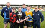 18 April 2012; Cllr. Mick Duff, Deputy Mayor, South Dublin County Council, with Leinster players from left, Damian Browne, Dominic Ryan and Richardt Strauss, presents the South Dublin Rugby Cup to captains Luke Byrne, St. Colmcilles, left, and Hugh Walsh, Rathcoole Community College, right, who will share the cup for 6 months each after the game ended in a draw. South Dublin County Council Junior Cup Final, Rathcoole Community College v St. Colmcilles, Tallaght Stadium, Tallaght, Dublin. Picture credit: Ray McManus / SPORTSFILE