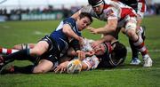 20 April 2012; Johann Muller, Ulster, stretches to go over for his side's first try, despite the tackle of Eoin Reddan, Leinster. Celtic League, Ulster v Leinster, Ravenhill Park, Belfast, Co. Antrim. Picture credit: Oliver McVeigh / SPORTSFILE