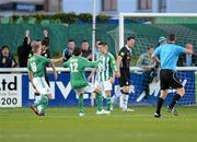 20 April 2012; Kieran Marty Waters, right, Bray Wanderers, celebrates with team-mates Dean Zambra, left, and Kevin Knight after scoring his side's second goal. Airtricity League Premier Division, Bray Wanderers v Shamrock Rovers, Carlisle Grounds, Bray, Co. Wicklow. Photo by Sportsfile