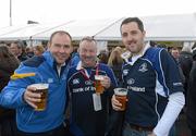 20 April 2012; Leinster supporters, from left to right, Paul Gaynor, from Sandymount, Co. Dublin, Denis Downs, from Booterstown, Co. Dublin, and Dermot Nolan, from Kildare, at the game. Celtic League, Ulster v Leinster, Ravenhill Park, Belfast, Co. Antrim. Picture credit: Oliver McVeigh / SPORTSFILE