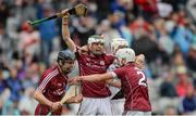6 August 2017; Galway players, from left, Daniel Loftus, Mark Gill, Darach Fahy and Caimin Killeen celebrate after the Electric Ireland GAA Hurling All-Ireland Minor Championship Semi-Final match between Kilkenny and Galway at Croke Park in Dublin. Photo by Piaras Ó Mídheach/Sportsfile