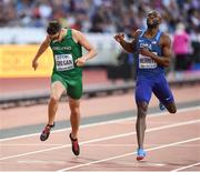 6 August 2017; Brian Gregan of Ireland, left, and LaShawn Merritt of the USA cross the line during his semi-final of the Men's 400m event during day three of the 16th IAAF World Athletics Championships at the London Stadium in London, England. Photo by Stephen McCarthy/Sportsfile
