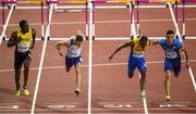 6 August 2017; Atheltes, from left, Hansle Parchment of Jamaica, Andrew Pozzi of Great Britain, Shane Brathwaite of Barbados and Decon Allen of the USA dip for the line in their Men's 110m hurdles semi-final during day three of the 16th IAAF World Athletics Championships at the London Stadium in London, England. Photo by Stephen McCarthy/Sportsfile