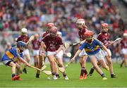 6 August 2017; Faye Mulrooney of Seir Kieran N.S., Co Mayo, representing Galway,  in action against Mary Hanrahan of Crusheen N.S., Co Clare, representing Tipperary,and Amy O Donnell, left, St. Michael's National School, Clonmel, Co Tipperary,  during INTO Cumann na mBunscol GAA Respect Exhibition Go Games at Galway v Tipperary - GAA Hurling All-Ireland Senior Championship Semi-Final at Croke Park in Dublin Photo by Ray McManus/Sportsfile