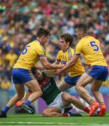 7 August 2017; Aidan O'Shea of Mayo in action against Seán Mullooly, left, David Murray, and John McManus, right, of Roscommon during the GAA Football All-Ireland Senior Championship Quarter-Final Replay match between Mayo v Roscommon at Croke Park, in Dublin. Photo by Daire Brennan/Sportsfile
