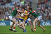 7 August 2017; Tadhg O'Rourke of Roscommon in action against Séamus O'Shea, left, and Brendan Harrison of Mayo during the GAA Football All-Ireland Senior Championship Quarter-Final Replay match between Mayo v Roscommon at Croke Park, in Dublin. Photo by Daire Brennan/Sportsfile