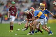 6 August 2017; Brian O Halloran of Kildalkey NS, Co Meath, representing Galway, in action against Michael Sheridan of Corballa N.S., Co Sligo, representing Tipperary, during the INTO Cumann na mBunscol GAA Respect Exhibition Go Games at Galway v Tipperary - GAA Hurling All-Ireland Senior Championship Semi-Final at Croke Park in Dublin. Photo by Piaras Ó Mídheach/Sportsfile