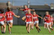 7 August 2017; Cork players including Ciara McCarthy, centre celebrates after the final whistle during the All Ireland Ladies Football Minor A Championship Final match between Cork v Galway at Bord Na Mona O'Connor Park, in Tullamore, Co. Offaly. Photo by Eóin Noonan/Sportsfile