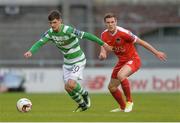 7 August 2017; Trevor Clarke of Shamrock Rovers in action against Garry Buckley of Cork City during the EA Sports Cup semi-final match between Shamrock Rovers and Cork City at Tallaght Stadium, in Dublin.  Photo by Piaras Ó Mídheach/Sportsfile