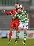 7 August 2017; Brandon Miele of Shamrock Rovers in action against Steven Beattie of Cork City during the EA Sports Cup semi-final match between Shamrock Rovers and Cork City at Tallaght Stadium, in Dublin.  Photo by Piaras Ó Mídheach/Sportsfile
