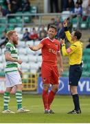 7 August 2017; Alan Bennett of Cork City is shown the red card by referee Neil Doyle after an off the ball incident with David Webster of Shamrock Rovers as Ryan Connolly of Shamrock Rovers looks on, during the EA Sports Cup semi-final match between Shamrock Rovers and Cork City at Tallaght Stadium, in Dublin.  Photo by Piaras Ó Mídheach/Sportsfile