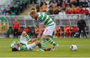 7 August 2017; Ryan Connolly of Shamrock Rovers checks on team-mate David Webster, left, after an off the ball incident with Alan Bennett of Cork City, for which Bennett was shown the red card, during the EA Sports Cup semi-final match between Shamrock Rovers and Cork City at Tallaght Stadium, in Dublin.  Photo by Piaras Ó Mídheach/Sportsfile