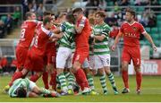 7 August 2017; Players from both sides tussle after an off the ball incident between Alan Bennett of Cork City and David Webster of Shamrock Rovers, bottom, for which Bennett was shown the red card during the EA Sports Cup semi-final match between Shamrock Rovers and Cork City at Tallaght Stadium, in Dublin.  Photo by Piaras Ó Mídheach/Sportsfile