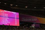 7 August 2017; A general view of the big screen of the list of athletes taking part in the mens 400m Hurdles event also showing Irish athlete Thomas Barr as a DNS during day four of the 16th IAAF World Athletics Championships at the London Stadium in London, England. Photo by Stephen McCarthy/Sportsfile