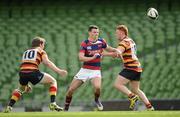 21 April 2012; Matt Darcy, Clontarf, is tackled by Craig Ronaldson, left, and Steve Collins, Lansdowne. Ulster Bank League Division 1A, Lansdowne v Clontarf, Aviva Stadium, Lansdowne Road, Dublin. Picture credit: Stephen McCarthy / SPORTSFILE