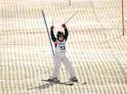 21 April 2012; Rosalind Connolly, from Portadown, Co. Armagh, celebrates as she crosses the finish line to secure second place in Division 3 in both the Slalom and Giant Slalom at the 2012 Special Olympics Ireland Winter Games in Kilternan. Special Olympics Ireland Winter Games, Kilternan Ski Facility, Ski Club of Ireland, Kilternan, Co. Dublin. Picture credit: Pat Murphy / SPORTSFILE