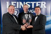21 April 2012; Prinicpal Tim Kelleher, right, St Michael's College, Ballsbridge, Dublin, receives the Powerade School of the Year award from John Coffey, centre, Powerade and Stuart Bayley, President, Leinster Branch. Leinster Rugby Awards Ball, Mansion House, Dawson St, Dublin. Picture credit: Brendan Moran / SPORTSFILE